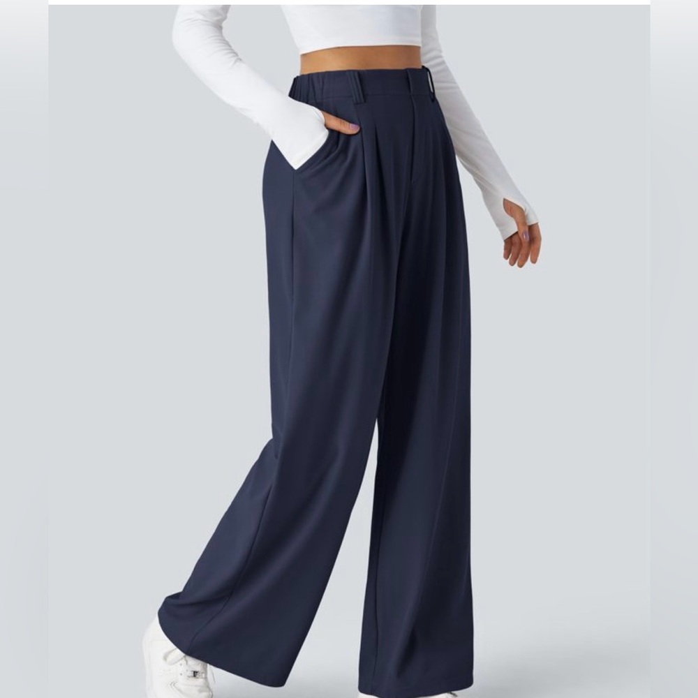 HALARA High Waisted Pocket Wide Leg Waffle Work Pants Dark Blue Medium Tall NWT
